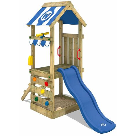 WICKEY Aire de jeux Portique bois FunkyFlyer avec toboggan bleu Maison enfant exterieur avec bac à sable, échelle d'escalade & accessoires de jeux