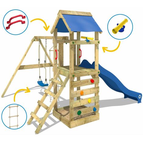 WICKEY Aire de jeux Portique bois FreeFlyer avec balançoire et toboggan vert Maison enfant exterieur avec bac à sable, échelle d'escalade & accessoires de jeux