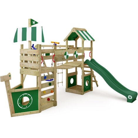 WICKEY Aire de jeux Portique bois StormFlyer avec balançoire et toboggan vert Cabane enfant exterieur avec bac à sable, échelle d'escalade & accessoires de jeux