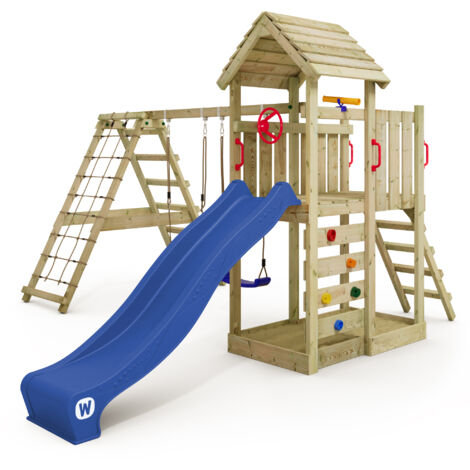 Wickey Aire de jeux Portique bois RocketFlyer avec balançoire et toboggan Maison enfant exterieur avec bac à sable, échelle d'escalade & accessoires de jeux  - bleu