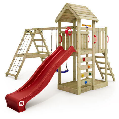 Wickey Aire de jeux Portique bois RocketFlyer avec balançoire et toboggan Maison enfant exterieur avec bac à sable, échelle d'escalade & accessoires de jeux - rouge
