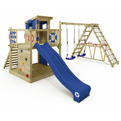 Wickey Aire de jeux Portique bois Smart Lodge 120 avec escaliers, balançoire et toboggan Maison enfant exterieur avec bac à sable, échelle d'escalade & accessoires de jeux - bleu