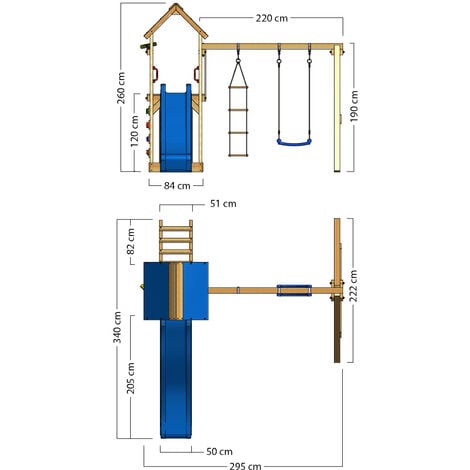 WICKEY Aire de jeux Portique bois FreeFlyer avec balançoire et toboggan bleu Maison enfant exterieur avec bac à sable, échelle d'escalade & accessoires de jeux