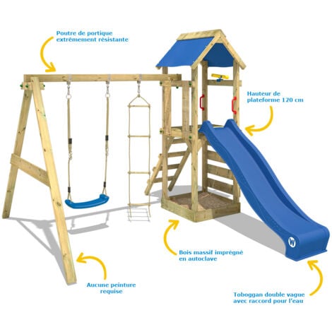 WICKEY Aire de jeux Portique bois FreeFlyer avec balançoire et toboggan bleu Maison enfant exterieur avec bac à sable, échelle d'escalade & accessoires de jeux