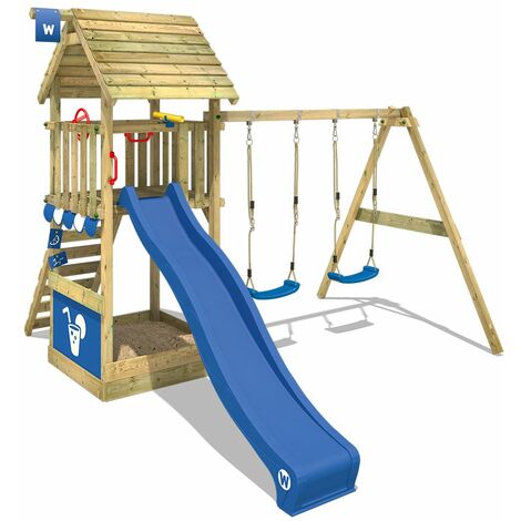 WICKEY Aire de jeux Portique bois Smart Shelter Toit en bois avec balançoire et toboggan bleu Maison enfant exterieur avec toit en bois, bac à sable, échelle d'escalade & accessoires de jeux