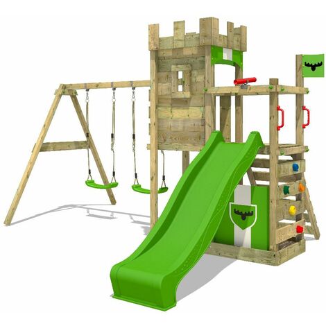 FATMOOSE Aire de jeux Portique bois BoldBaron avec balançoire et toboggan vert pomme Maison enfant exterieur avec bac à sable, échelle d'escalade & accessoires de jeux