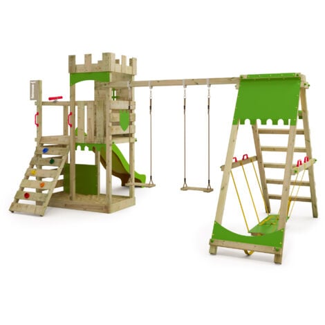 FATMOOSE Aire de jeux château fort BoldBaron avec balançoire SurfSwing, garantie de 10 ans, bac à sable intégré - vert pomme
