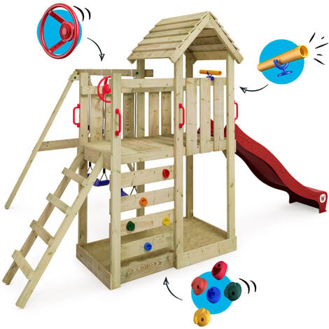 Wickey Aire de jeux Portique bois MultiFlyer Toit en bois avec balançoire et toboggan Maison enfant exterieur avec bac à sable, échelle d'escalade & accessoires de jeux - rouge