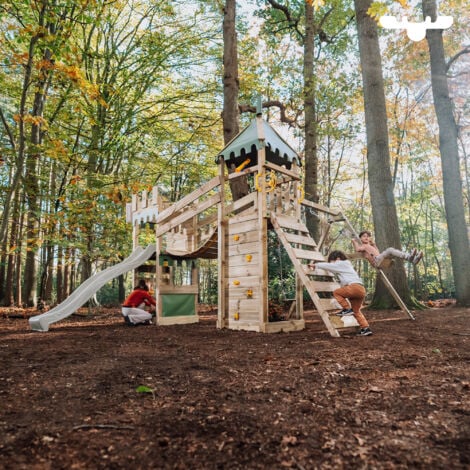 FATMOOSE Aire de jeux Portique bois RiverRun avec balançoire et toboggan Maison enfant exterieur avec bac à sable, échelle d'escalade & accessoires de jeux - pommevert