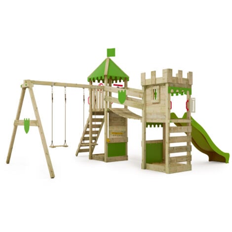 FATMOOSE Aire de jeux Portique bois RiverRun avec balançoire et toboggan Maison enfant exterieur avec bac à sable, échelle d'escalade & accessoires de jeux - pommevert