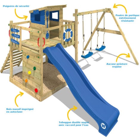 WICKEY Aire de jeux Portique bois Smart Camp avec balançoire et toboggan rouge Cabane enfant exterieur avec bac à sable, échelle d'escalade & accessoires de jeux