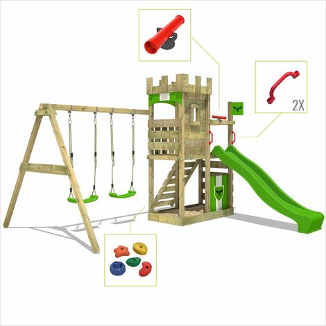 échelle descalade & accessoires de jeux Maison enfant exterieur avec bac à sable FATMOOSE Aire de jeux Portique bois TreasureTower avec balançoire et toboggan rouge