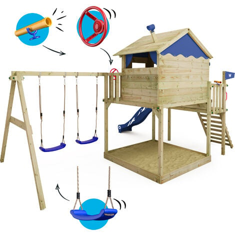 Wickey Aire de jeux Portique bois Smart Coast avec balançoire et toboggan Maison enfant sur pilotis avec bac à sable, échelle d'escalade & accessoires de jeux - bleu