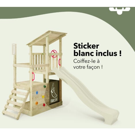 FATMOOSE Aire de jeux Portique bois FruityForest avec balançoire SurfSwing et toboggan Maison enfant exterieur avec bac à sable, échelle d'escalade & accessoires de jeux – vertpomme