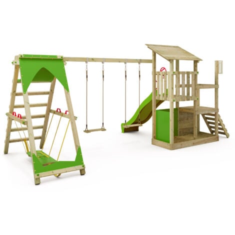 FATMOOSE Aire de jeux Portique bois FruityForest avec balançoire SurfSwing et toboggan Maison enfant exterieur avec bac à sable, échelle d'escalade & accessoires de jeux – vertpomme