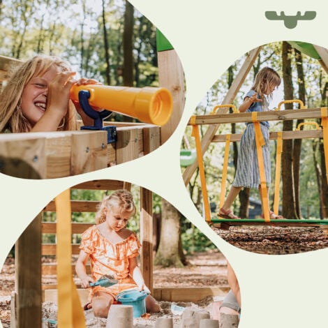 FATMOOSE Aire de jeux Portique bois FruityForest avec balançoire SurfSwing et toboggan Maison enfant exterieur avec bac à sable, échelle d'escalade & accessoires de jeux – vertpomme