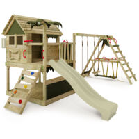Fatmoose – Structure d'escalade en bois TikaTaka Town – Toboggan ondulé 220 cm – Bac à sable intégré – Double balançoire RetroRider