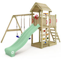 Aire de jeu en bois Wickey MultiFlyer avec toit en bois – Balançoire, toboggan 220 cm, bac à sable intégré – Résistant aux intempéries