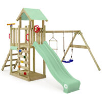 Wickey – Aire de jeu en bois avec balançoire et toboggan 220 cm – Bac à sable intégré – Résistant aux intempéries – 10 ans de garantie