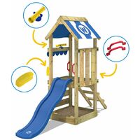 WICKEY Aire de jeux Portique bois FunkyFlyer avec toboggan bleu Maison enfant exterieur avec bac à sable, échelle d'escalade & accessoires de jeux
