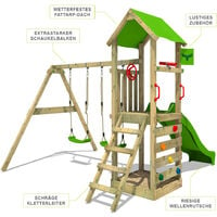 FATMOOSE Aire de jeux Portique bois KiwiKey avec balançoire et toboggan vert pomme Maison enfant exterieur avec bac à sable, échelle d'escalade & accessoires de jeux