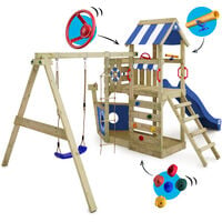 WICKEY Aire de jeux Portique bois SeaFlyer avec balançoire et toboggan bleu Cabane enfant exterieur avec bac à sable, échelle d'escalade & accessoires de jeux