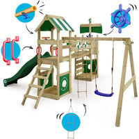 WICKEY Aire de jeux Portique bois StormFlyer avec balançoire et toboggan vert Cabane enfant exterieur avec bac à sable, échelle d'escalade & accessoires de jeux