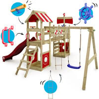 WICKEY Aire de jeux Portique bois StormFlyer avec balançoire et toboggan rouge Cabane enfant exterieur avec bac à sable, échelle d'escalade & accessoires de jeux