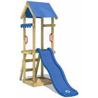 WICKEY Aire de jeux Portique bois TinySpot bleu Maison enfant exterieur avec bac à sable, échelle d'escalade & accessoires de jeux