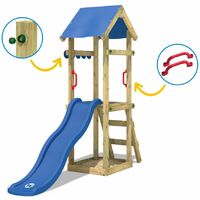 WICKEY Aire de jeux Portique bois TinySpot bleu Maison enfant exterieur avec bac à sable, échelle d'escalade & accessoires de jeux