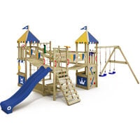 Wickey Aire de jeux Portique bois Smart Queen avec balançoire et toboggan Maison enfant exterieur avec bac à sable, échelle d'escalade & accessoires de jeux - bleu