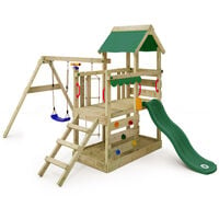 Wickey Aire de jeux Portique bois TurboFlyer avec balançoire et toboggan Maison enfant exterieur avec bac à sable, échelle d'escalade & accessoires de jeux - vert