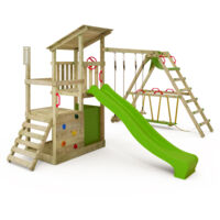 Fatmoose – Aire de jeux en bois XXL avec SurfSwing et toboggan 220 cm – Matériau bois massif autoclave – 3 niveaux d'escalade – Bac à sable intégré