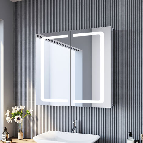 SONNI Spiegelschrank mit LED Beleuchtung 70x65cm Badspiegel Kippschalter Steckdose Edelstahl Kabelloses Scharnier Design