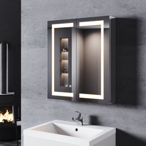 SONNI Spiegelschrank mit LED Beleuchtung 3 Lichtfarben Dimmbar, 60x70cm Badspiegel Touch Steckdose Beschlagfrei Edelstahl Kabelloses Scharnier Design