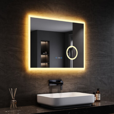 SONNI Badspiegel LED Beschlagfrei Touch Schalter Klatweiß 80x60cm Energie Sparen mit dreifacher Lupe mit 3 Einstellbare Lichtfarben