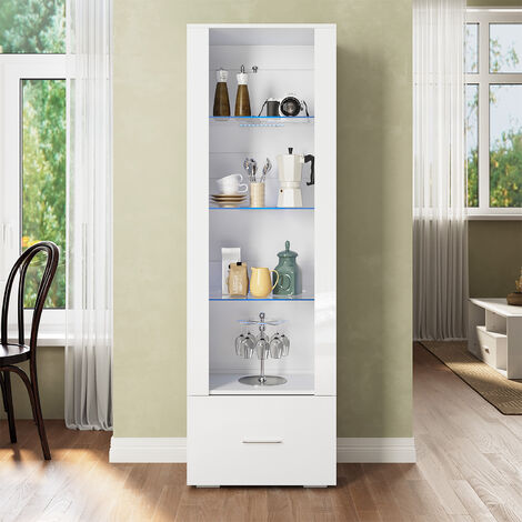 SONNI Vitrine mit LED-Beleuchtung, Glasvitrine mit Schubladen, Hochglanzfront, Bücherregal Offener Vitrinenschrank weiß B550 x T350 x H1720 mm