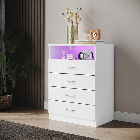 SONNI Schlafzimmermöbel Set Hochglanz 4 Schubladen Kommode mit LED Schlafzimmer Aufbewahrungsmöbel 5 Stauräume Weiß (1/5)