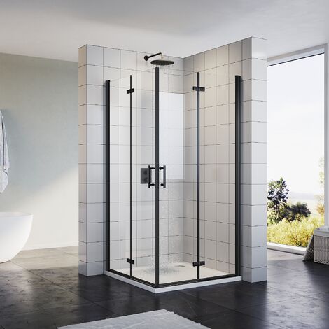 SONNI Duschkabine Eckeinstieg mit Falttür 180º NANO Glas Höhe 195cm beide Seiten faltbar Duschwand Duschabtrennung Schwarz 90x100 cm