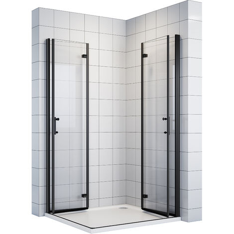 80x90x195cm Schwarz Duschkabine mit 180°-Doppelfalttüren Duschabtrennung Scharniertür 6mm NANO-ESG Klarglas Eckeinstieg