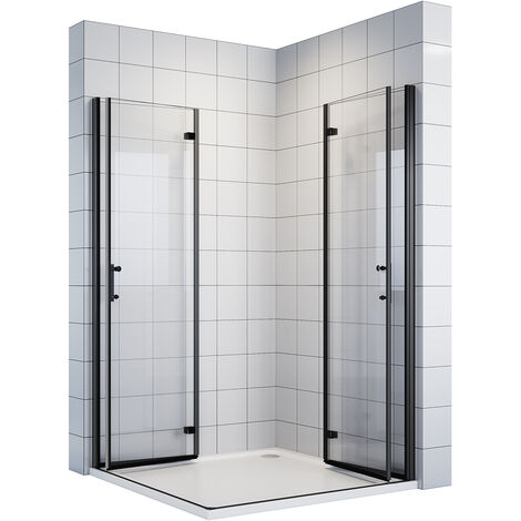 120x120x195cm Schwarz Duschkabine mit 180°-Doppelfalttüren Duschabtrennung Scharniertür 6mm NANO-ESG Klarglas Eckeinstieg