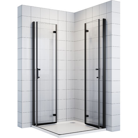 90x90x195cm Schwarz Duschkabine mit 180°-Doppelfalttüren Duschabtrennung Scharniertür 6mm NANO-ESG Klarglas Eckeinstieg