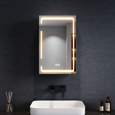 SONNI LED-Spiegelschrank mit Beleuchtung, 3 Lichtfarben Dimmbar, Bad-Hängeschränke mit Kabellosem Scharnierdesign und Steckdose, Eintüriger Spiegelschrank 38 x 60 x 14 cm
