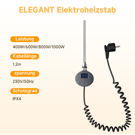 SONNI Heizstab mit Thermostat und LCD Display Heizung, Edelstahl Heizelement für Badezimmerheizung, 600W Anthrazit