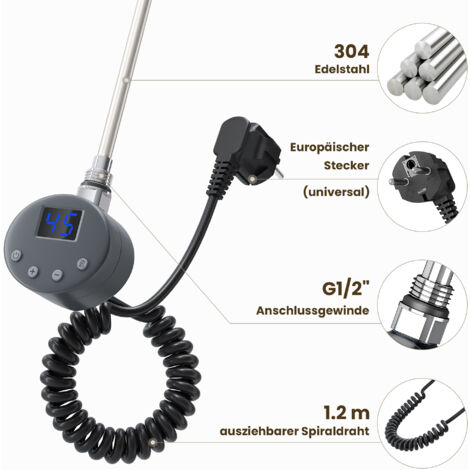 SONNI Heizwiderstande fur Handtuchheizkorper Badezimmerheizung Handtuchtrockner mit Thermostat elektronischem Temperaturregler und Timing-Funktion (400 Watt) Anthrazit (1/5)