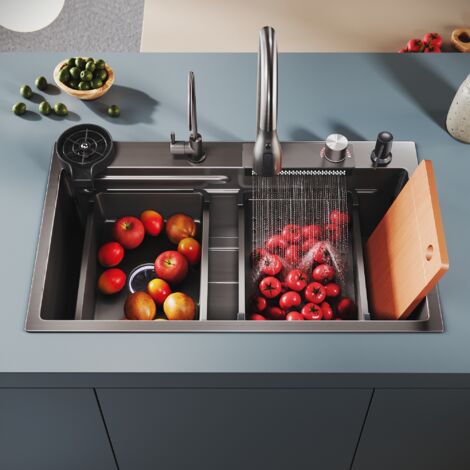 SONNI Spülen mit 1 Becken Edelstahlspüle Küchenspüle, Einbecken-Unterbauspüle mit Korb für Wasserfilterung, Seifenspender, Abwasserkanal-Bausatz 75x45 cm
