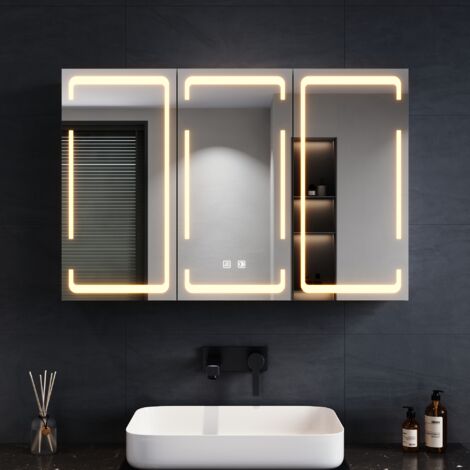 SONNI LED-Spiegelschrank mit Beleuchtung, 3 Lichtfarben Dimmbar, Bad-Hängeschränke mit Kabellosem Scharnierdesign und Steckdose, Dreitüriger Spiegelschrank 59 x 60 x 14 cm