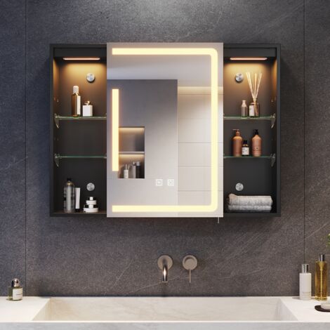 SONNI Badezimmer Spiegelschrank, Badspiegel mit LED Beleuchtung mit 3 einstellbar Lichtfarben, LED Spiegelschrank mit Steckdose und Offenes Lagerregal 80x60 cm
