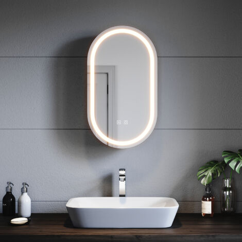 SONNI Badezimmer Spiegelschrank, Badspiegel mit LED Beleuchtung mit 3 einstellbar Lichtfarben Beschlagfrei Oval Badezimmer Wandschrank, 40x70 cm