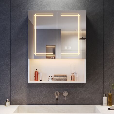 SONNI Badezimmer Spiegelschrank, Badspiegel mit LED Beleuchtung mit 3 einstellbar Lichtfarben Beschlagfrei 2 Türiger Spiegelschrank mit Freifläche und Steckdose 60x75 cm